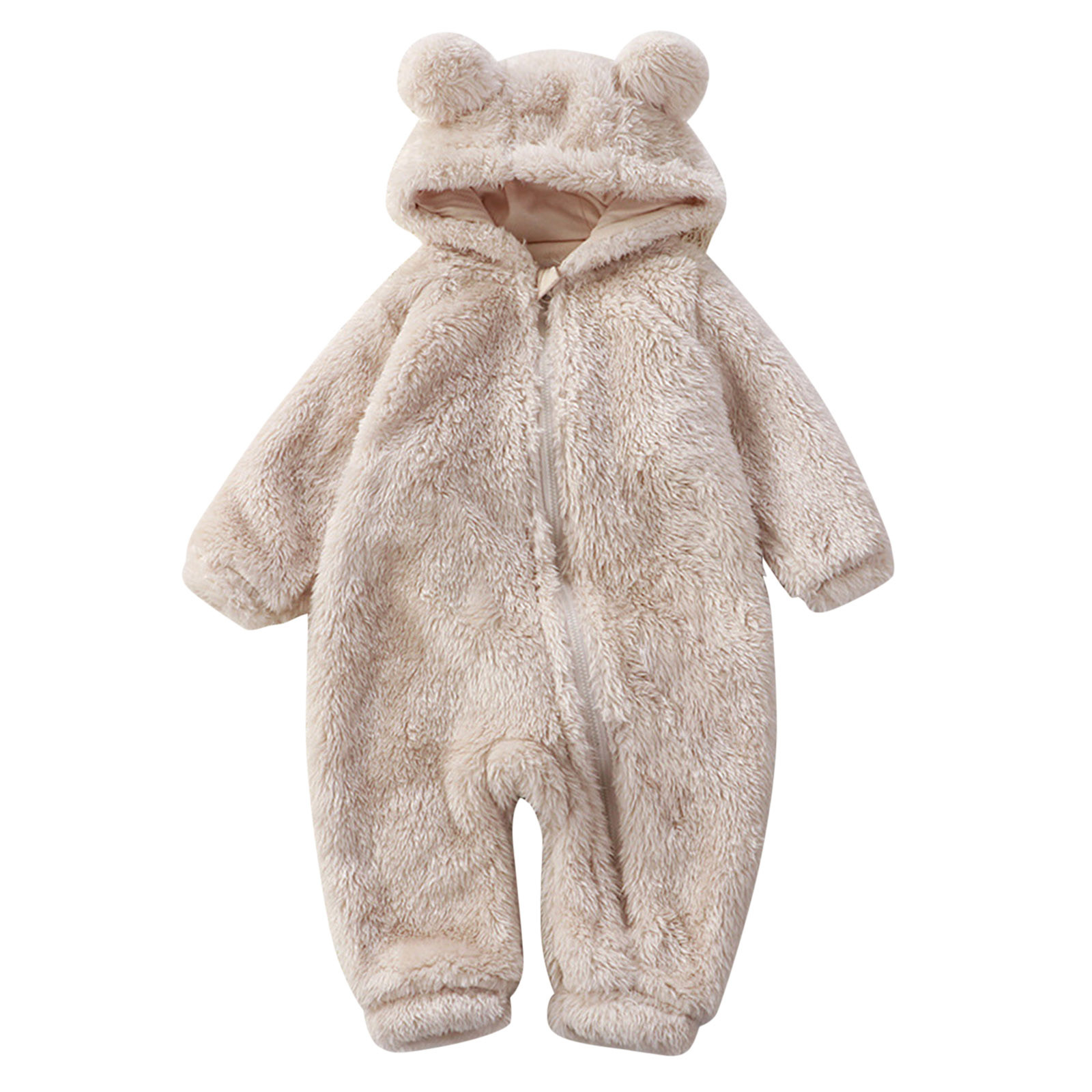 Uuszgmr Jumpsuits For Kid Boys Girls Cute Solid Color Long Sleeves Cartoon Bear Ears Footed Hooded Zipper Romper Warm Footie Jumpsuit Sleeper Pajamas Outfits Beige,Size:12-18 Months